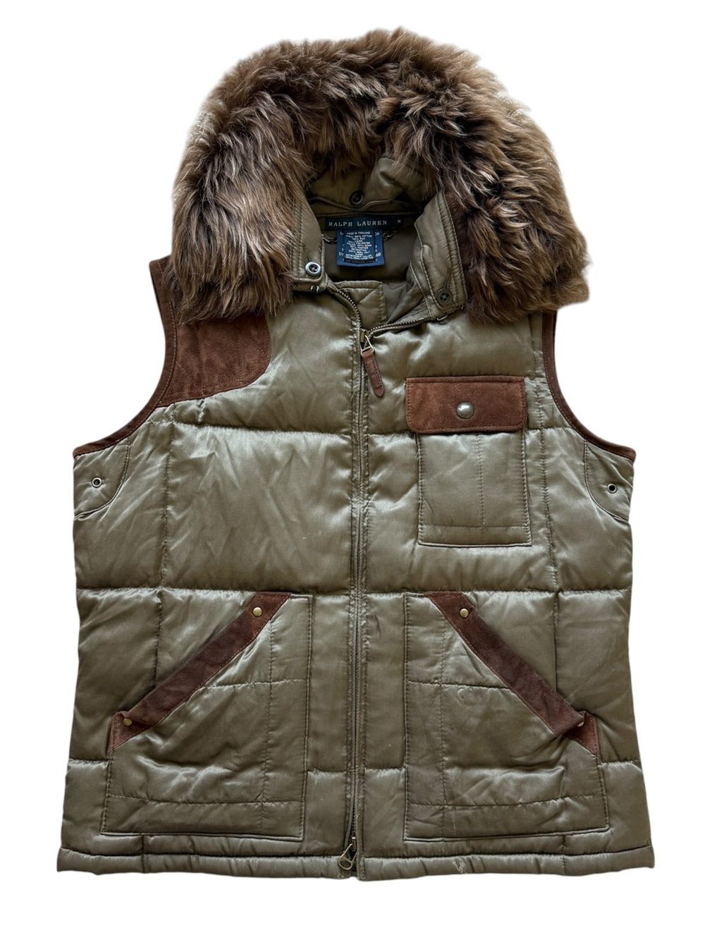 Ralph Lauren Silk Cotton Down Puffer Vest M Faux Fur Suede Equestrian Y2K VTG